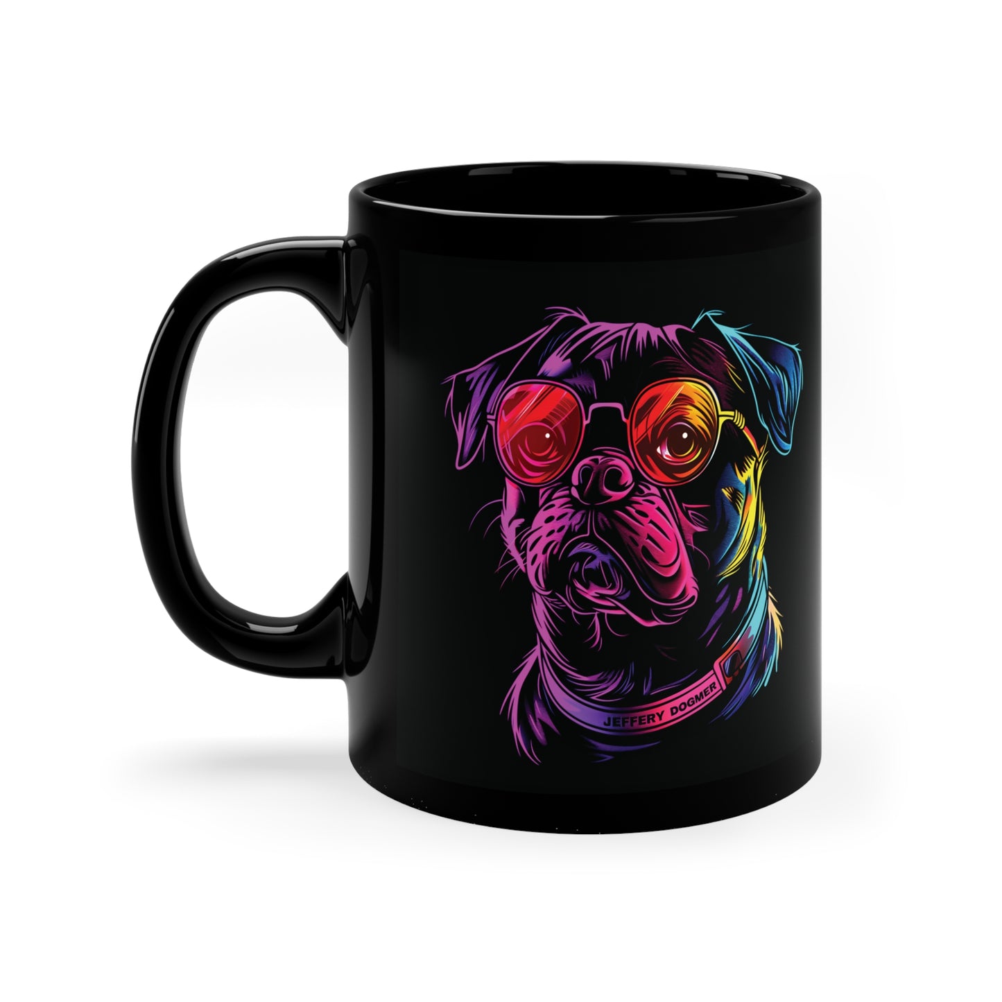 Jeffery Dogmer Coffee Mug - 11oz Black Mug with Colorful Horror Dog Design